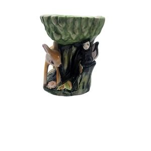 Vintage Woodland Deer Skunk Tree Stump Ceramic Planter H1155 Mid-Century Green